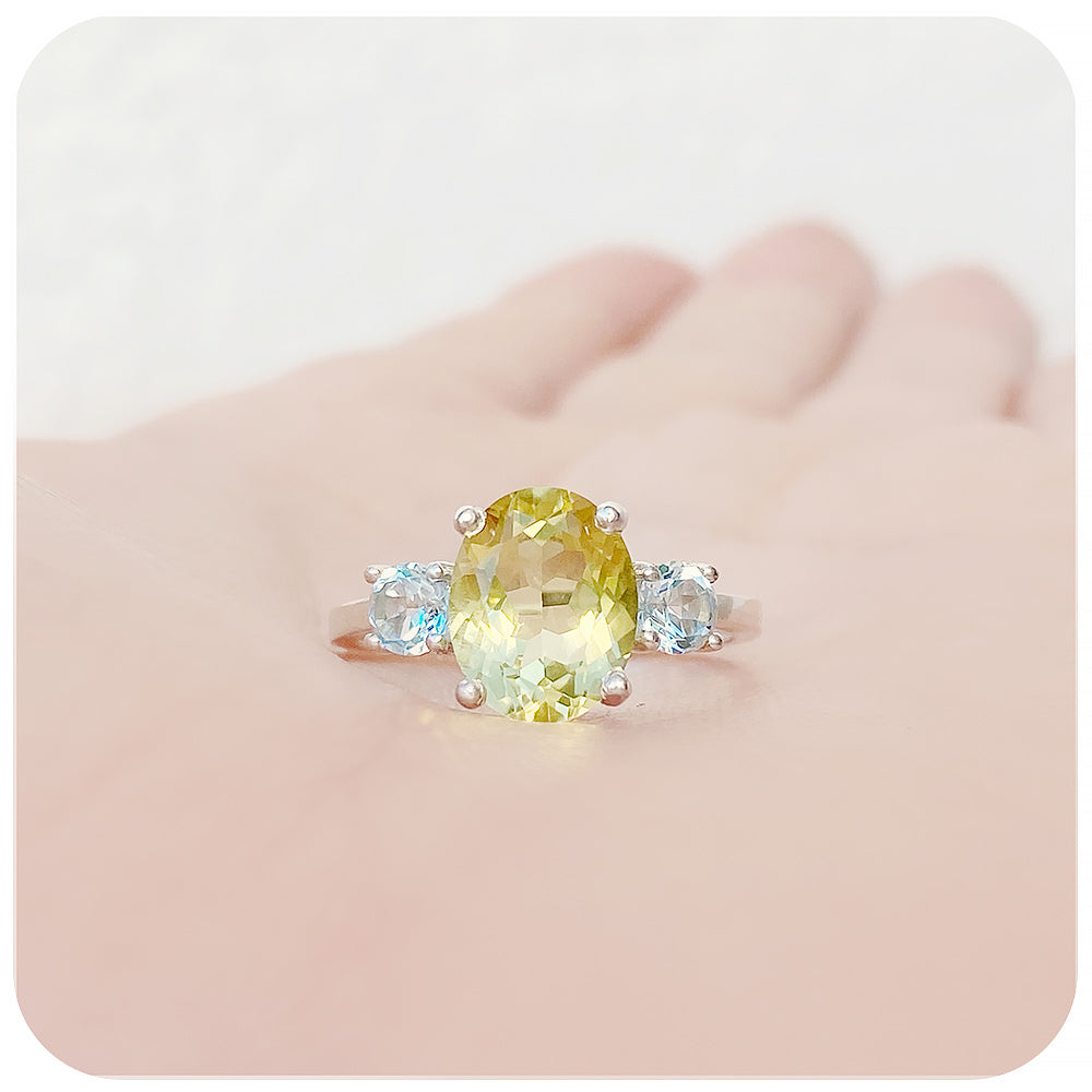 Oval cut Lemon Quartz and Blue Topaz Trilogy Ring - Victoria's Jewellery