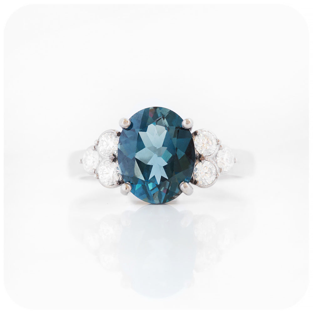 Oval cut London Blue Topaz and Moissanite Cluster Anniversary Ring - Victoria's Jewellery