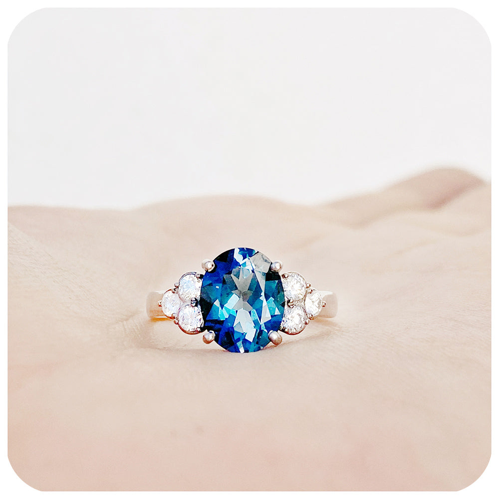 Oval cut London Blue Topaz and Moissanite Cluster Anniversary Ring - Victoria's Jewellery