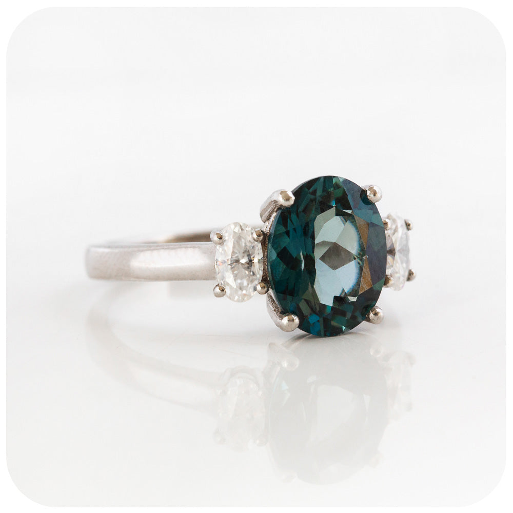 teal london blue topaz and moissanite oval cut trilogy engagement ring - Victoria's Jewellery