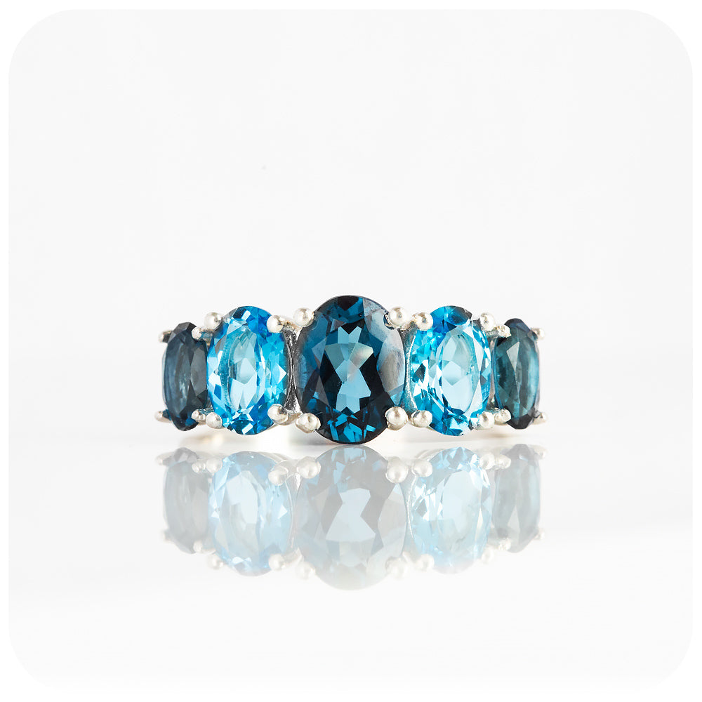 Oval cut Graduated London and Swiss Blue Topaz Anniversary or November Birthstone Ring - Victoria's Jewellery