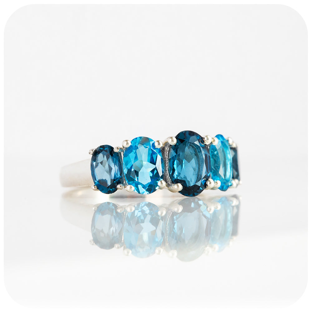 Oval cut Graduated London and Swiss Blue Topaz Anniversary or November Birthstone Ring - Victoria's Jewellery