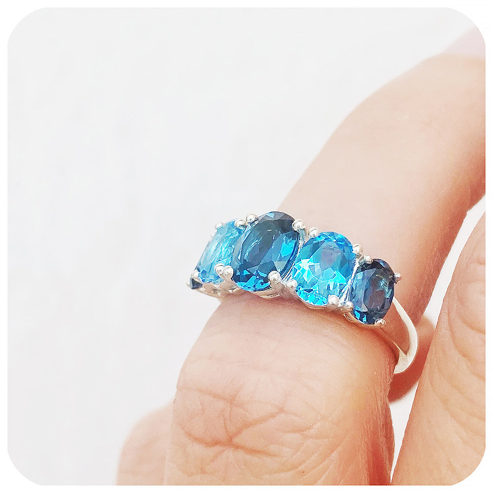 Oval cut Graduated London and Swiss Blue Topaz Anniversary or November Birthstone Ring - Victoria's Jewellery