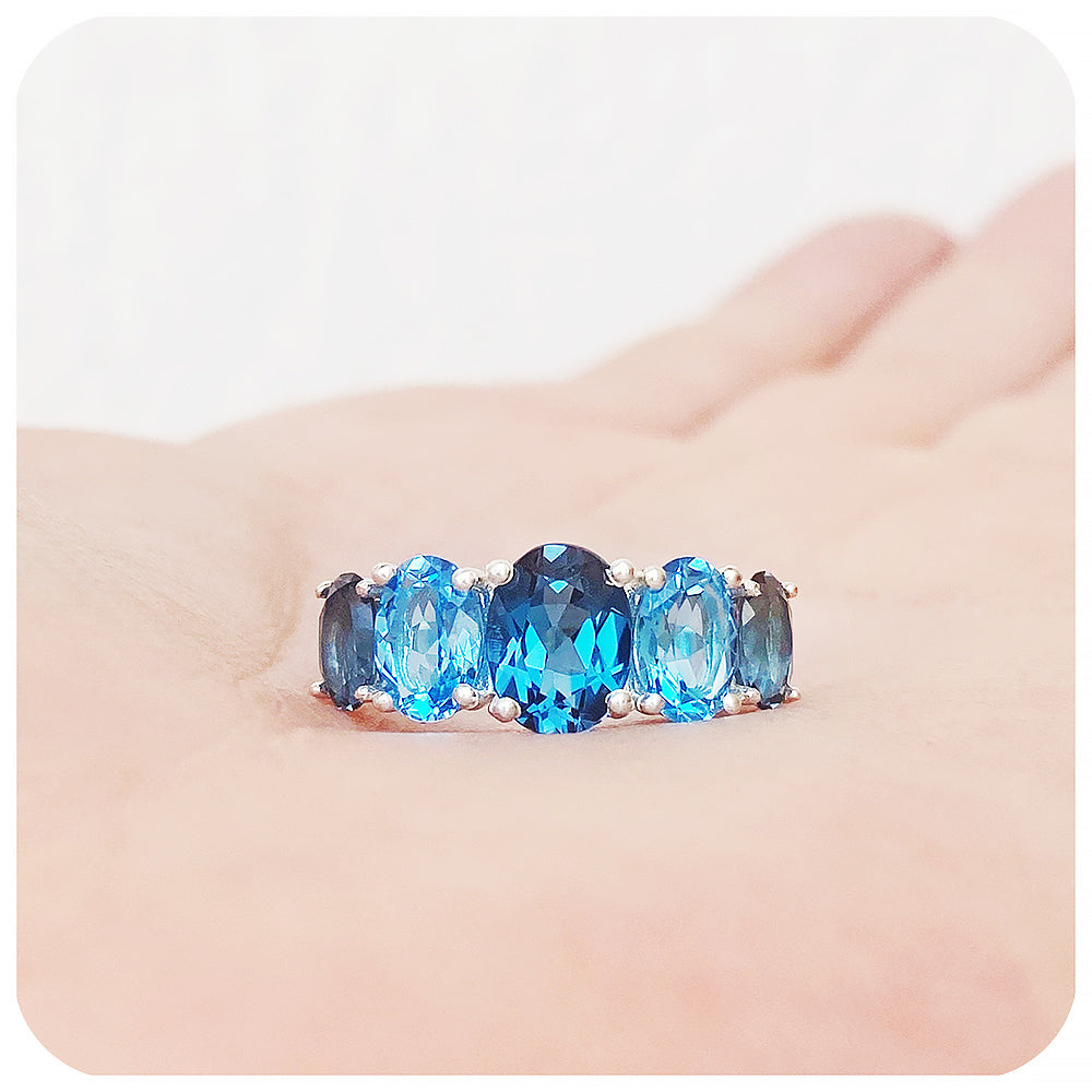 Oval cut Graduated London and Swiss Blue Topaz Anniversary or November Birthstone Ring - Victoria's Jewellery