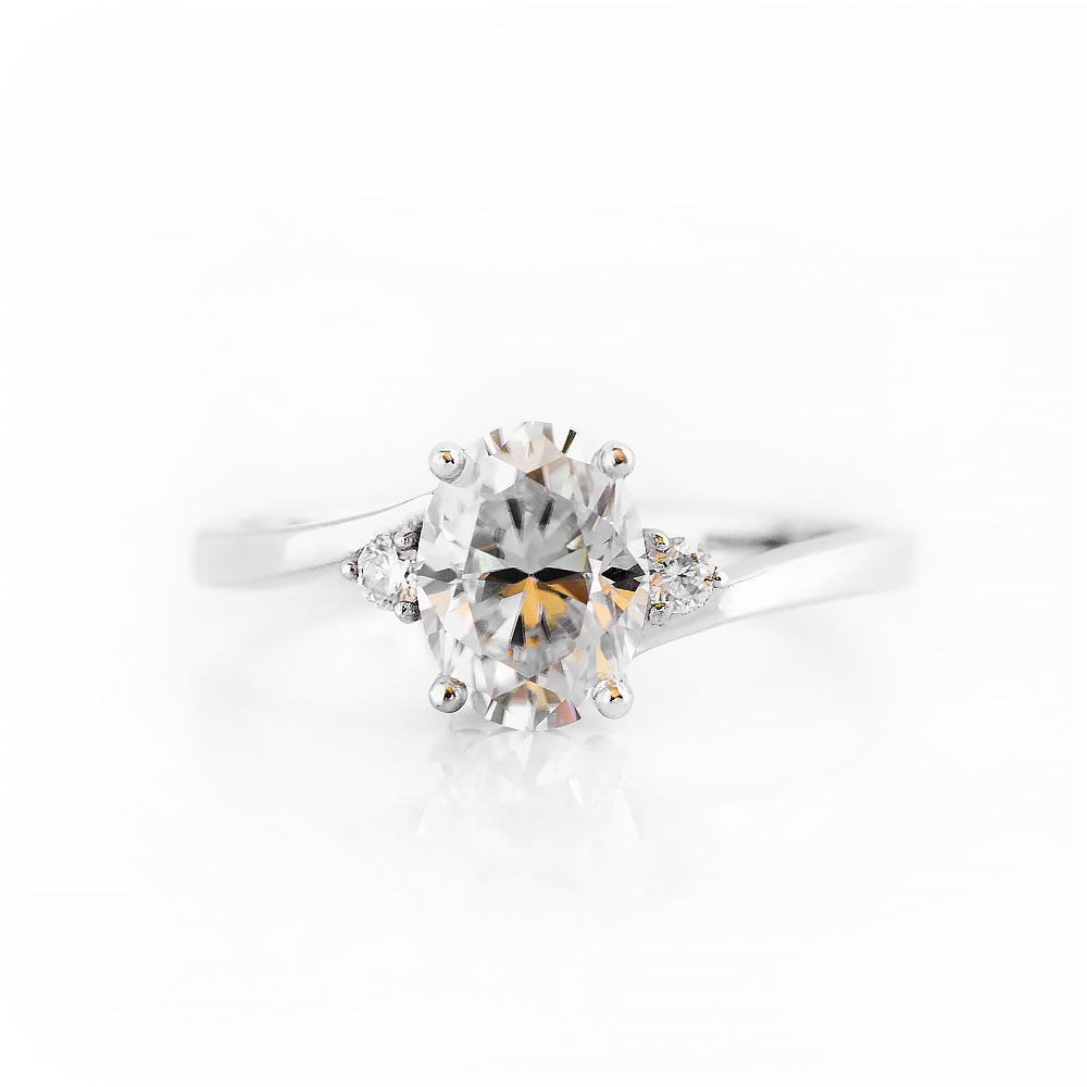 Oval cut Moissanite Trilogy Engagement Ring in White Gold - Victoria's Jewellery