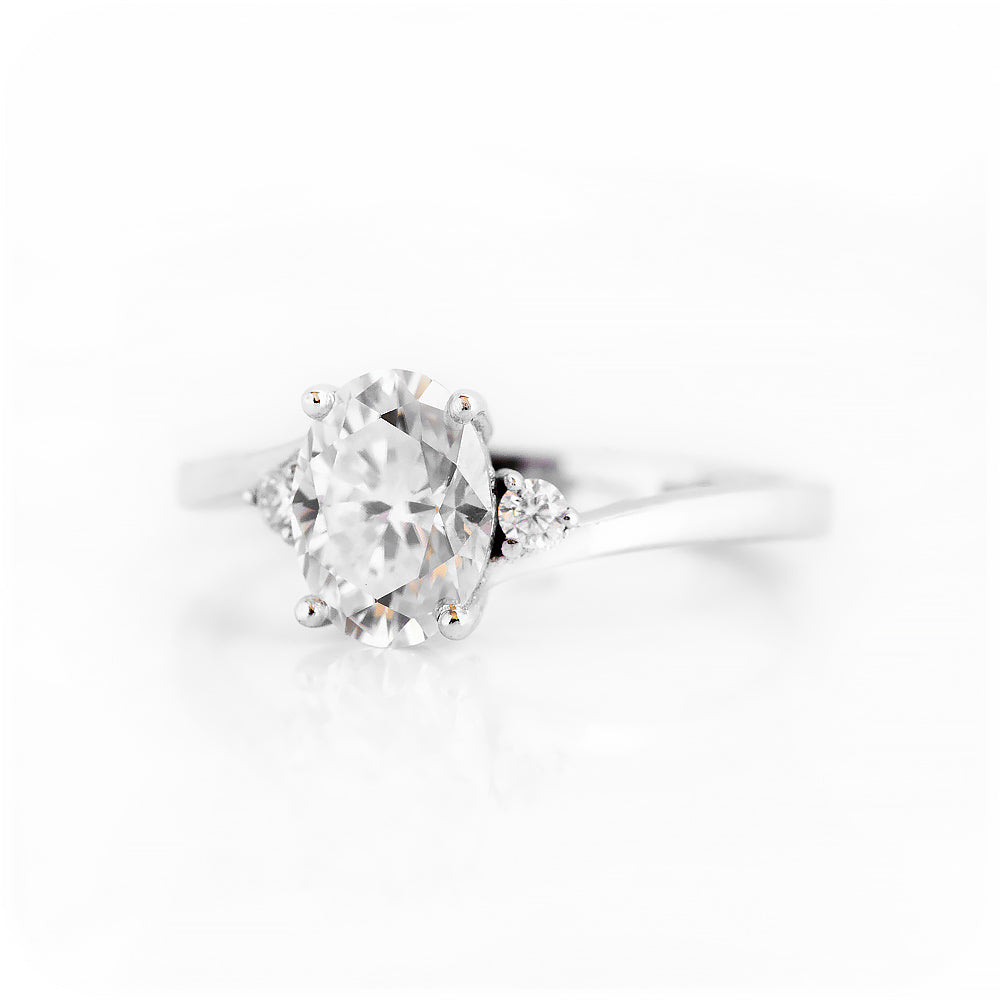 Oval cut Moissanite Trilogy Engagement Ring in White Gold - Victoria's Jewellery