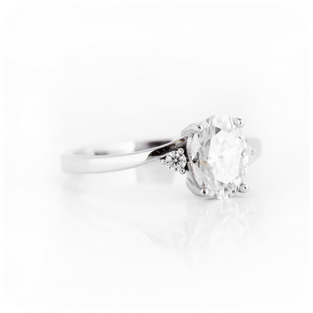 Oval cut Moissanite Trilogy Engagement Ring in White Gold - Victoria's Jewellery