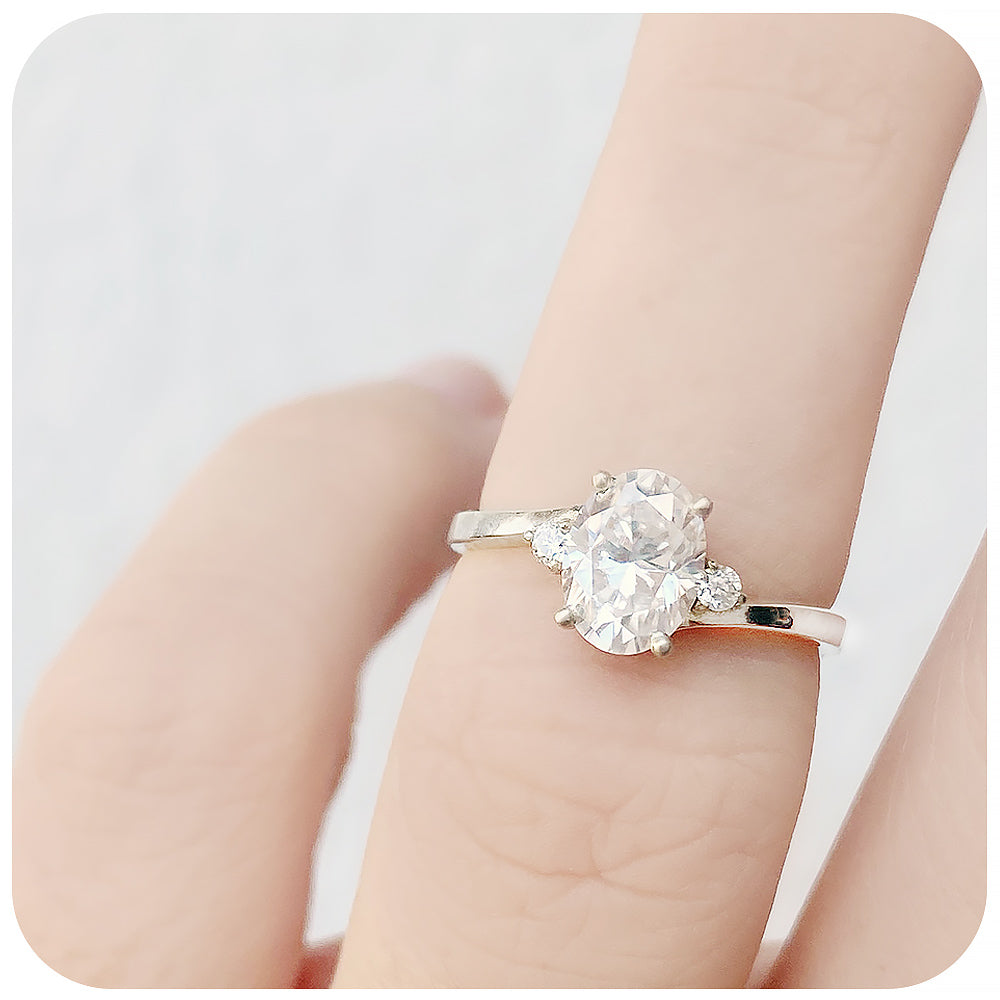 Oval cut Moissanite Trilogy Engagement Ring in White Gold - Victoria's Jewellery