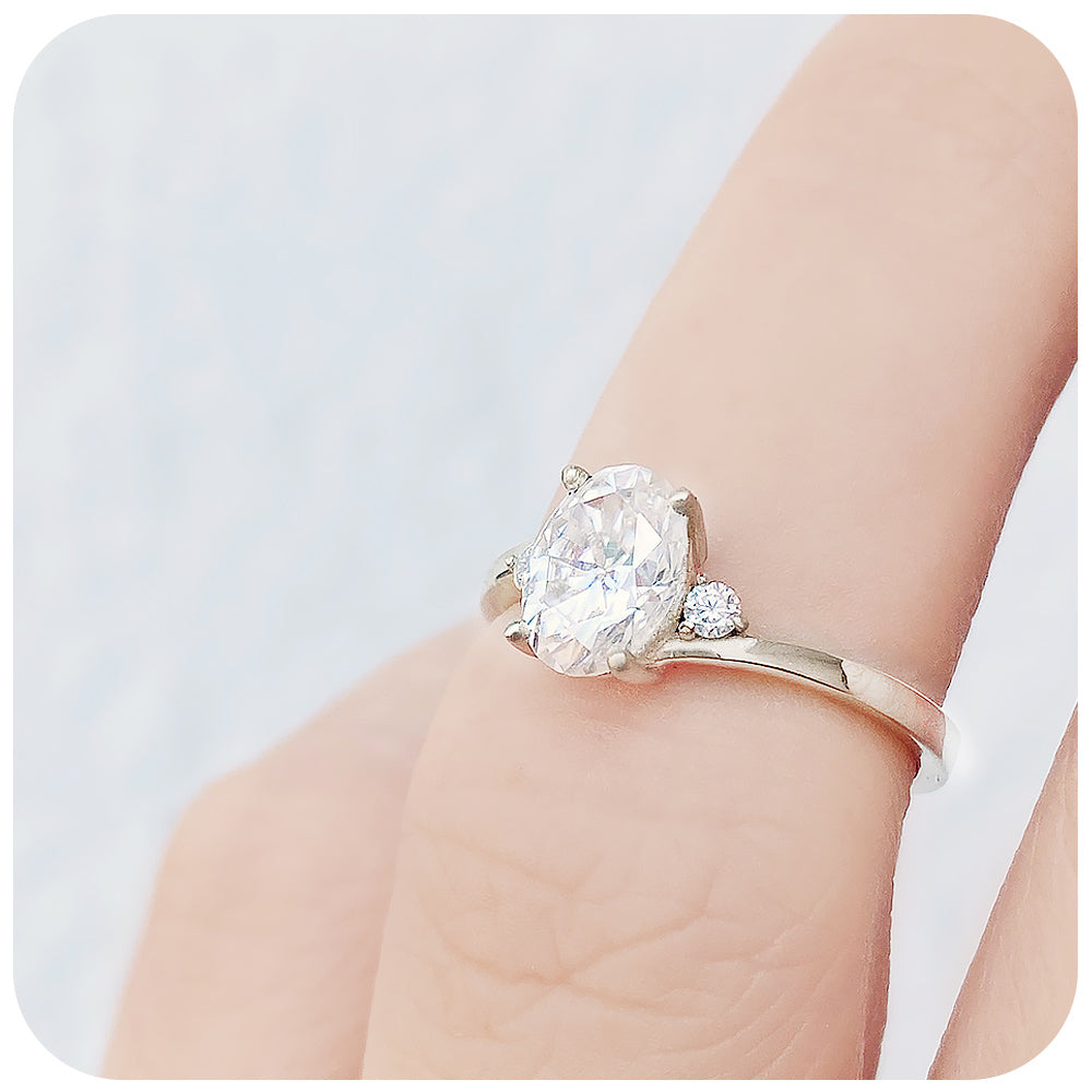 Oval cut Moissanite Trilogy Engagement Ring in White Gold - Victoria's Jewellery