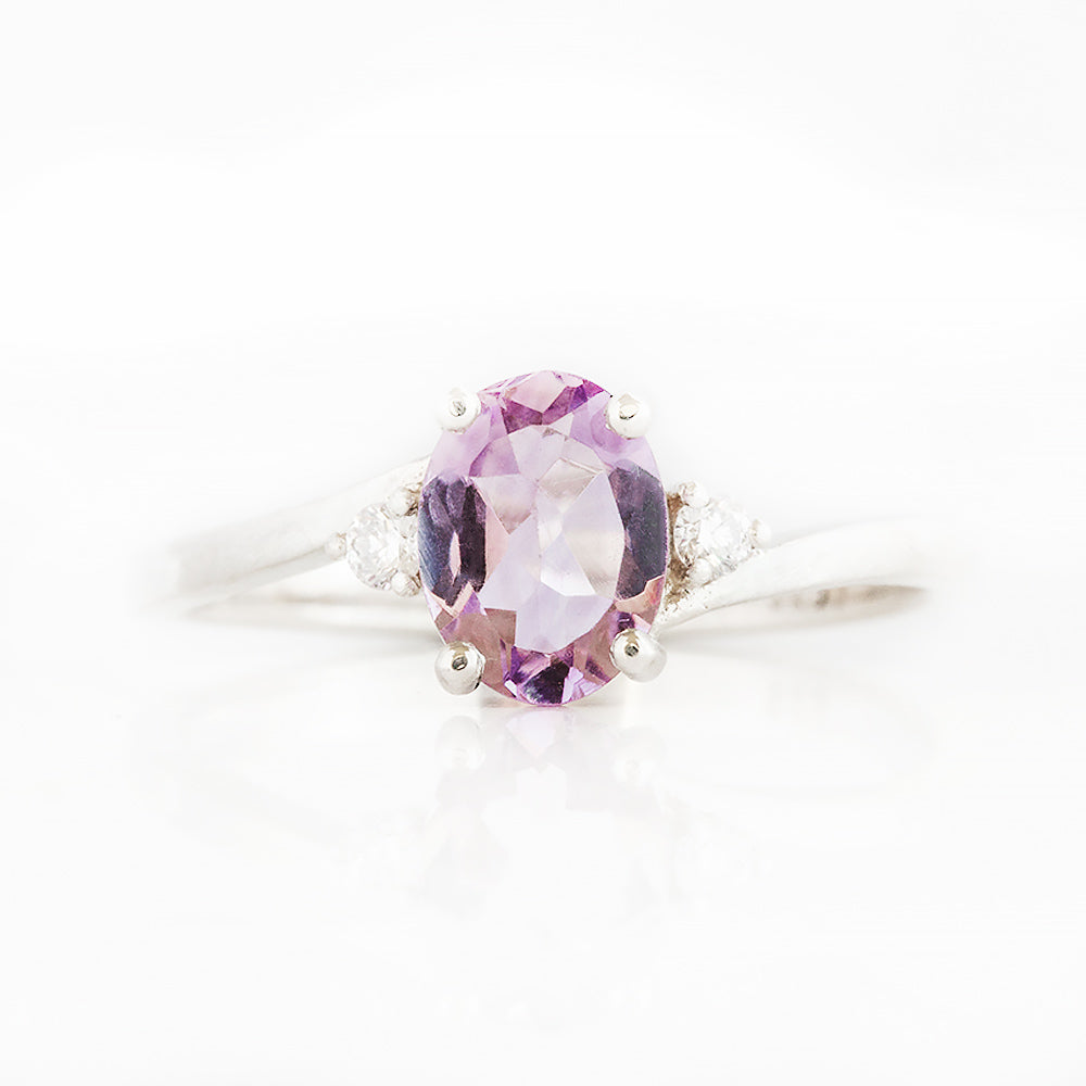 Oval cut Pink Amethyst and Lab Diamond Trilogy Ring - Victoria's Jewellery