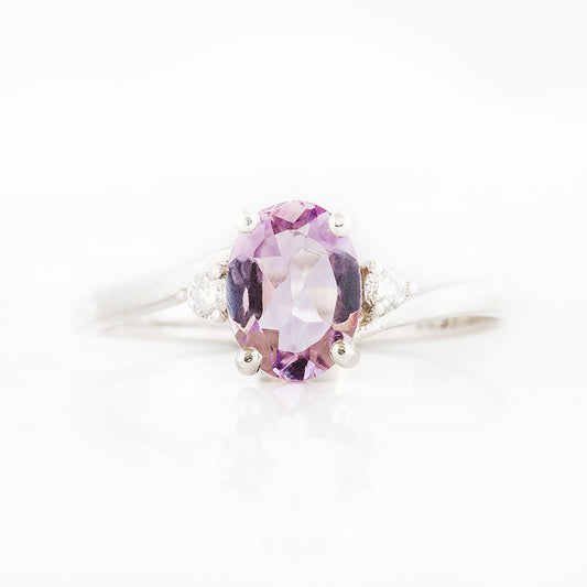 Oval cut Pink Amethyst and Lab Diamond Trilogy Ring - Victoria's Jewellery