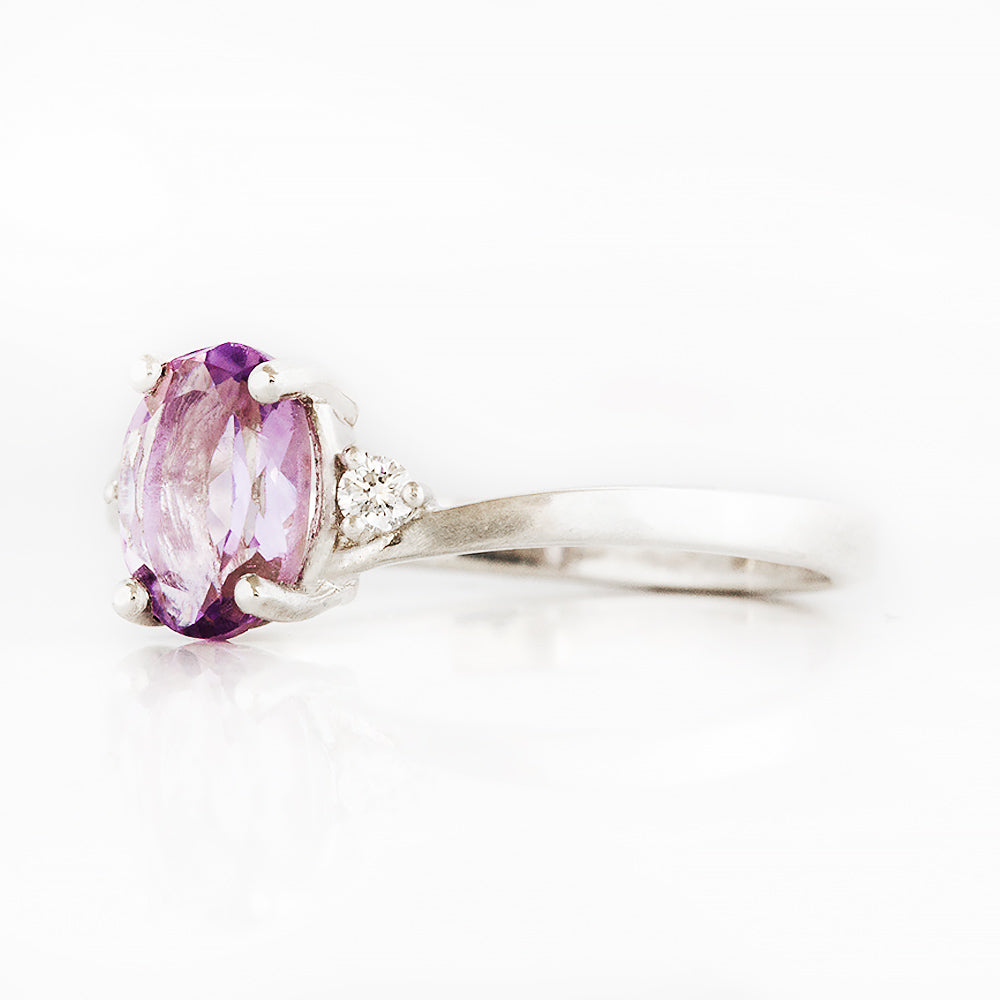 Oval cut Pink Amethyst and Lab Diamond Trilogy Ring - Victoria's Jewellery
