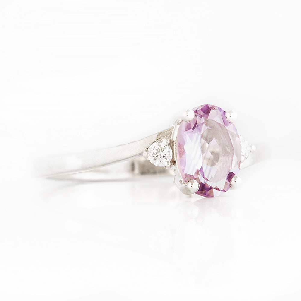 Oval cut Pink Amethyst and Lab Diamond Trilogy Ring - Victoria's Jewellery
