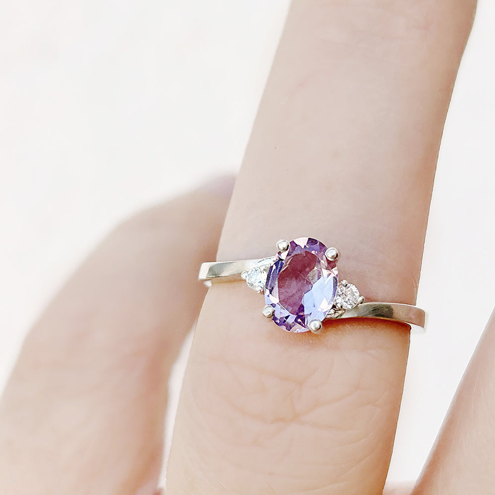 Oval cut Pink Amethyst and Lab Diamond Trilogy Ring - Victoria's Jewellery