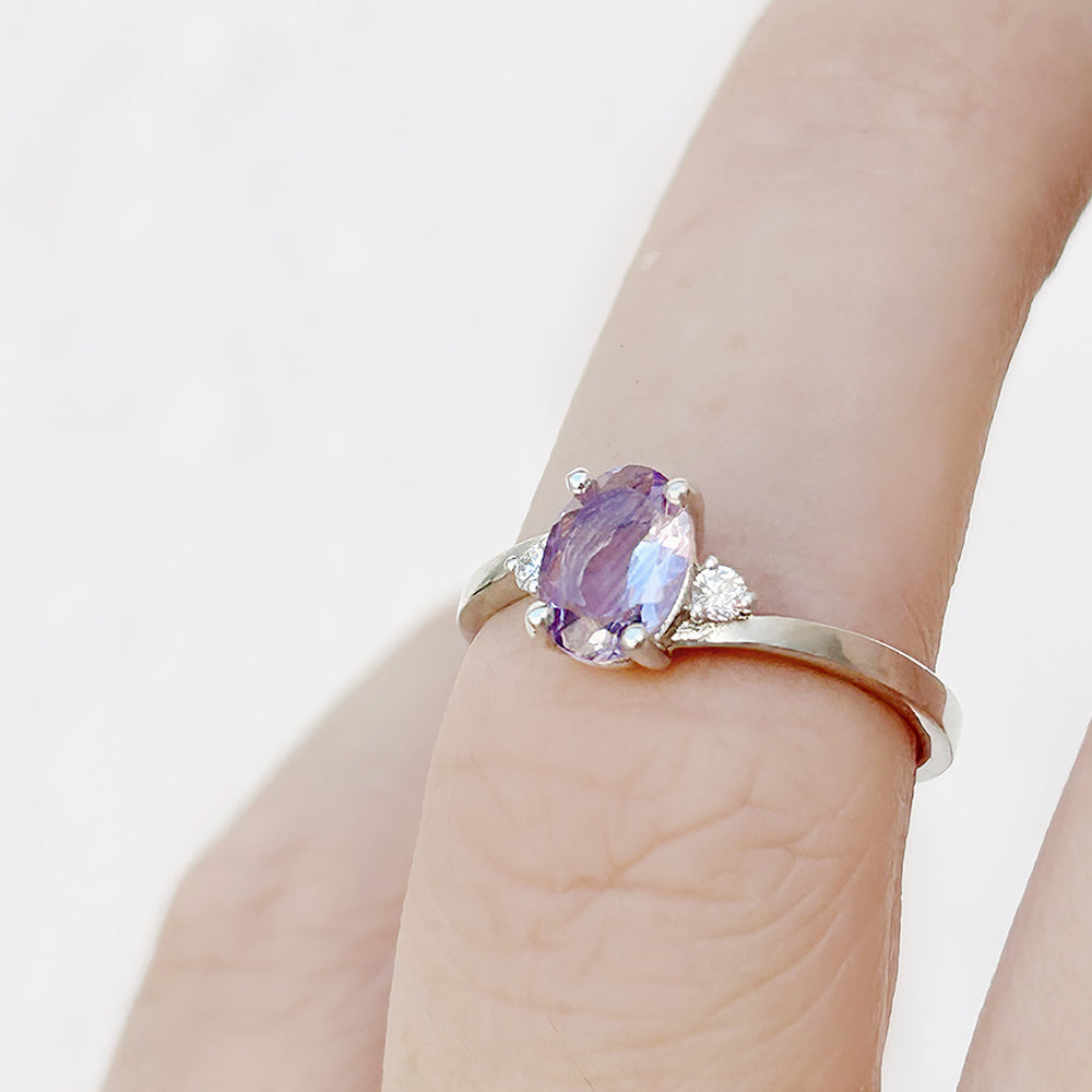 Oval cut Pink Amethyst and Lab Diamond Trilogy Ring - Victoria's Jewellery