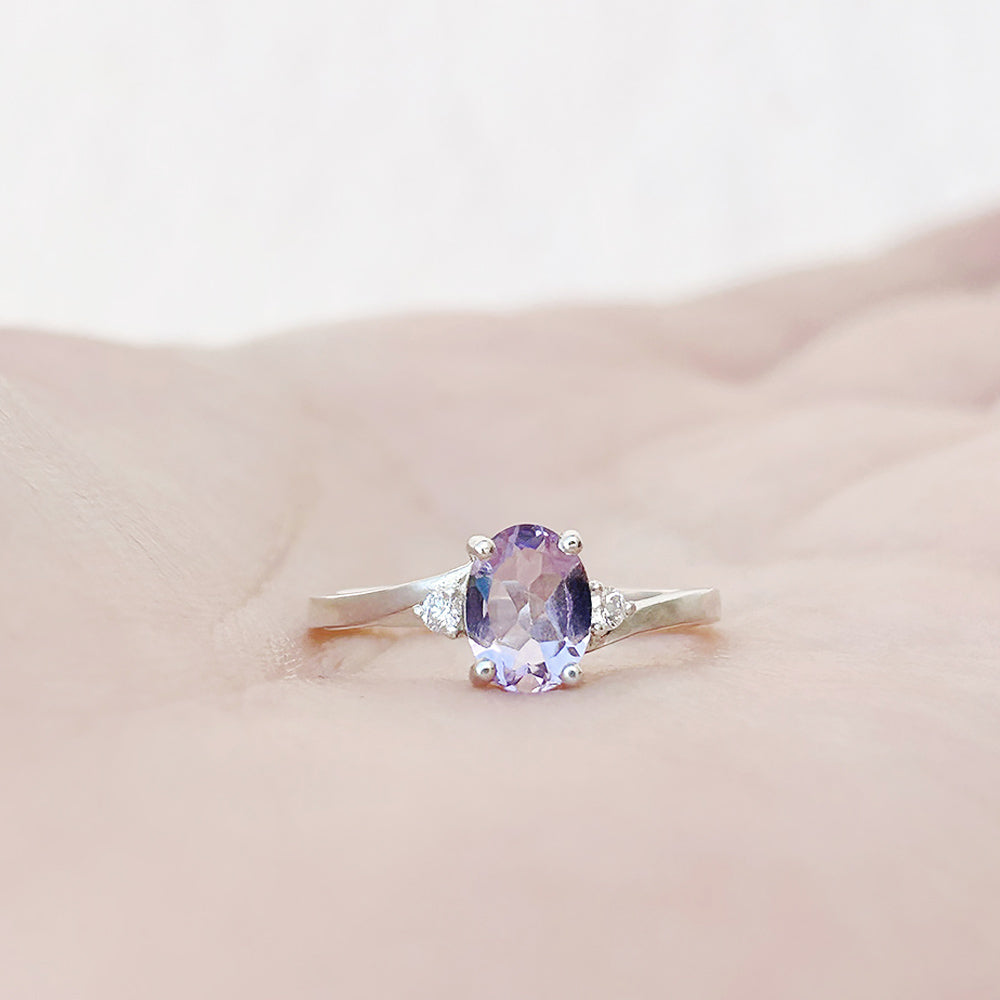 Oval cut Pink Amethyst and Lab Diamond Trilogy Ring - Victoria's Jewellery