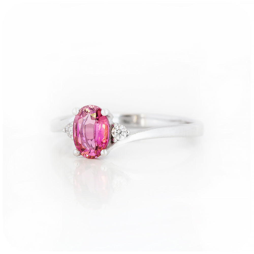 Oval cut Pink Tourmaline and Lab Diamond Trilogy Engagement Ring in White Gold - Victoria's Jewellery