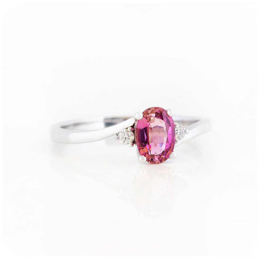 Oval cut Pink Tourmaline and Lab Diamond Trilogy Engagement Ring in White Gold - Victoria's Jewellery