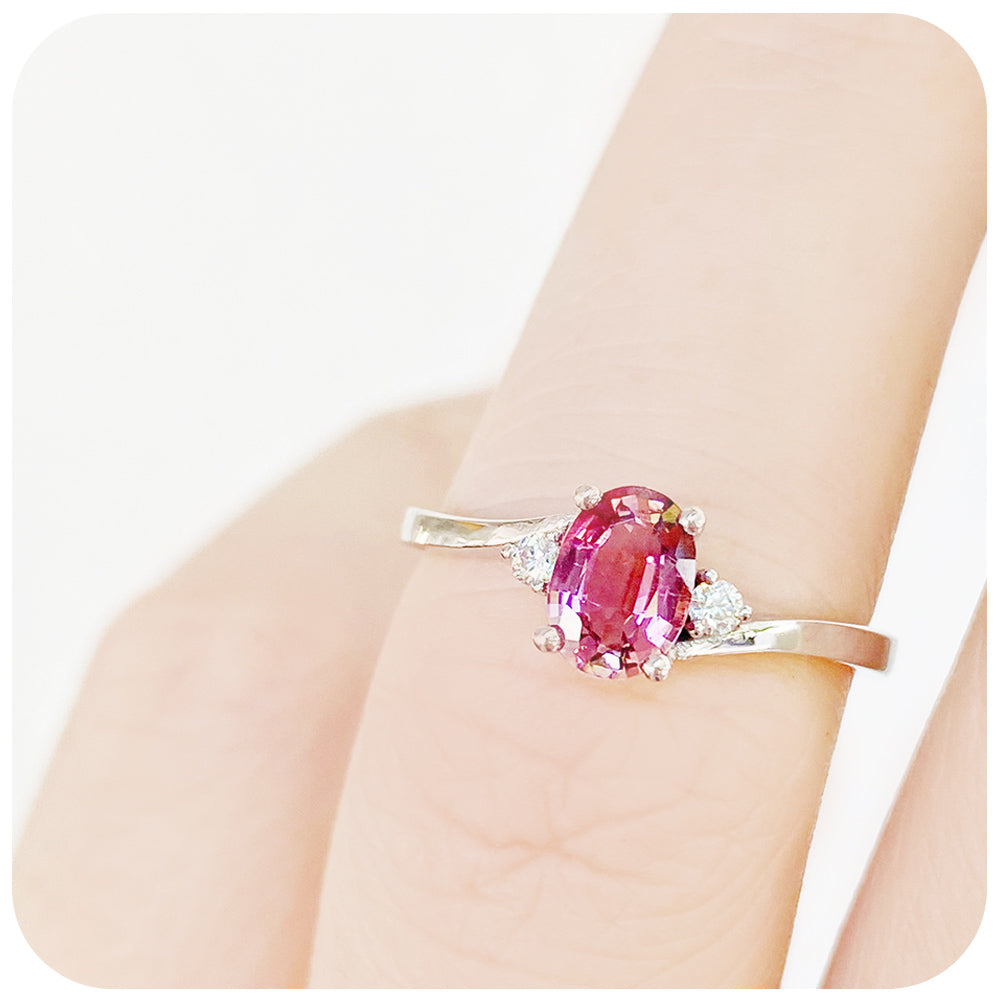 Oval cut Pink Tourmaline and Lab Diamond Trilogy Engagement Ring in White Gold - Victoria's Jewellery