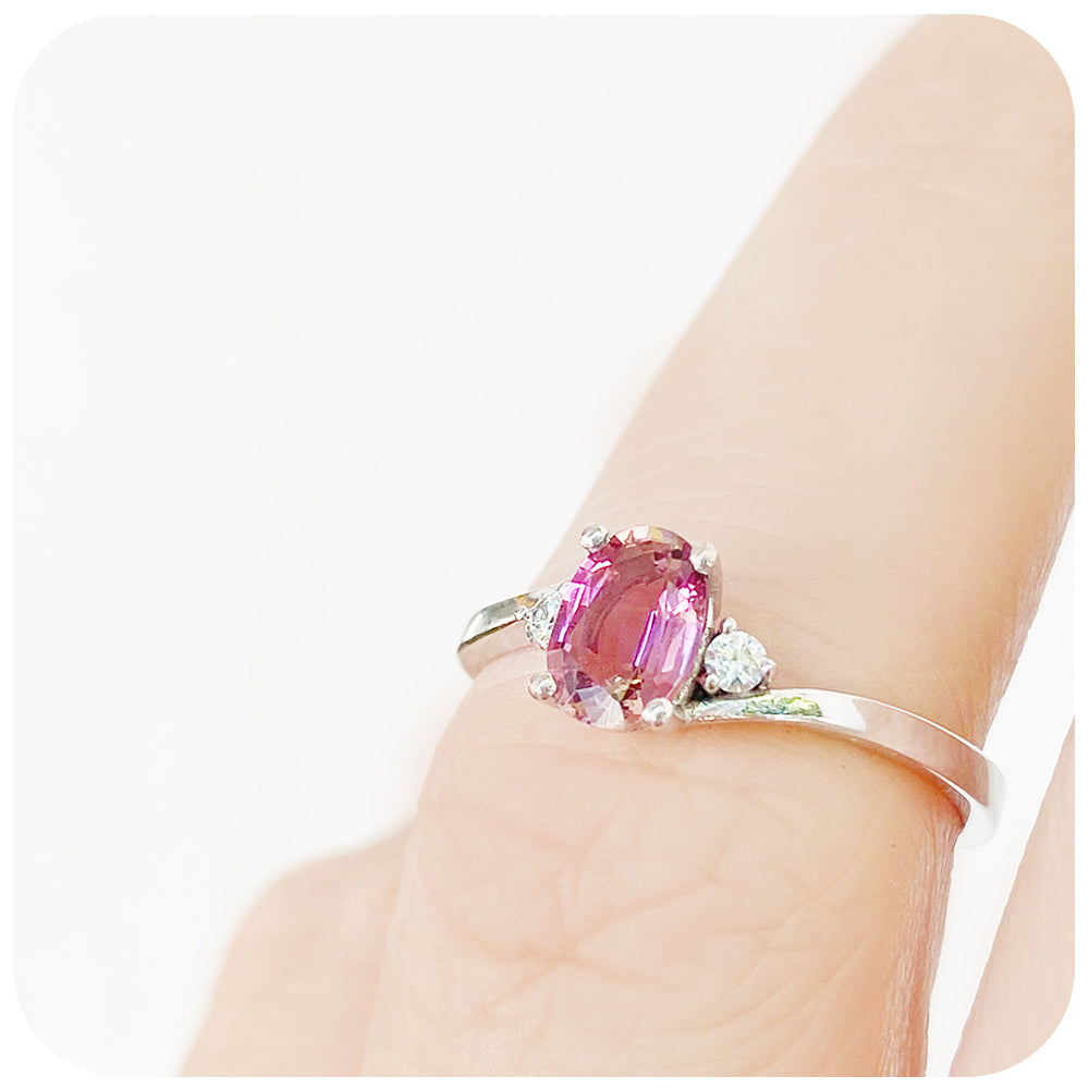 Oval cut Pink Tourmaline and Lab Diamond Trilogy Engagement Ring in White Gold - Victoria's Jewellery
