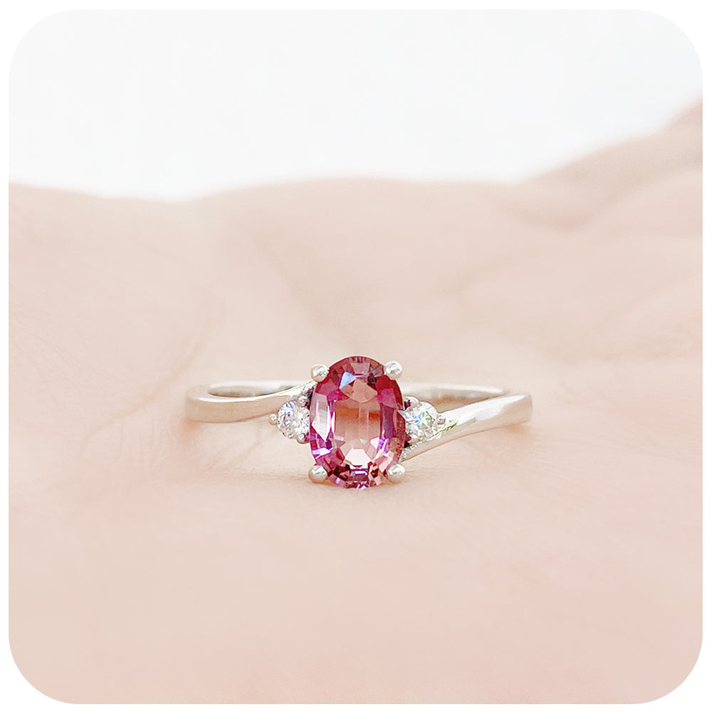 Oval cut Pink Tourmaline and Lab Diamond Trilogy Engagement Ring in White Gold - Victoria's Jewellery