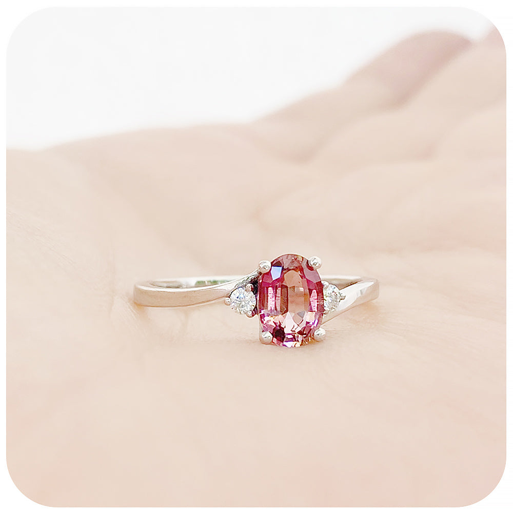 Oval cut Pink Tourmaline and Lab Diamond Trilogy Engagement Ring in White Gold - Victoria's Jewellery