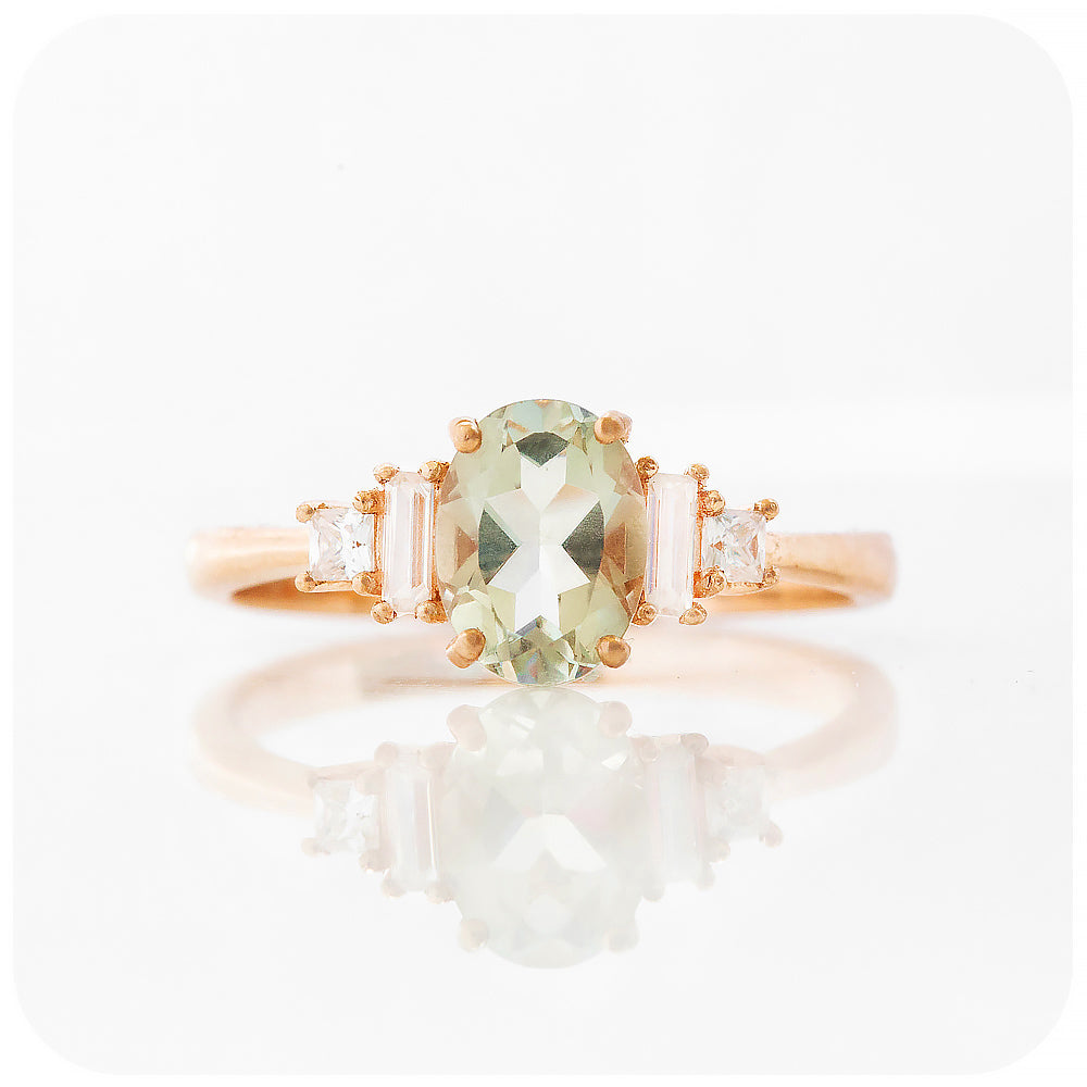 Oval cut Prasiolite and Lab Diamond Engagement Ring in Rose Gold - Victoria's Jewellery