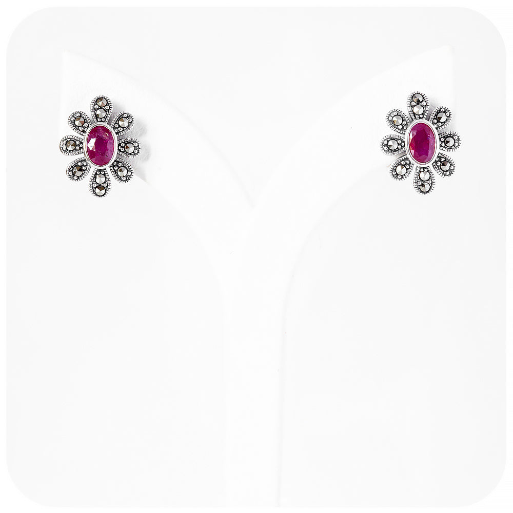Oval cut Ruby and Marcasite Flower Stud Earring