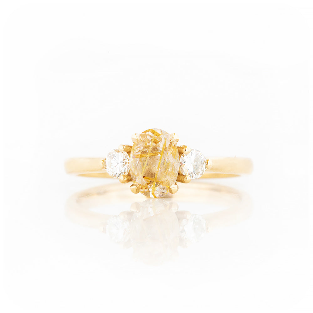 Oval cut Rutile Quartz and Diamond Trilogy Ring in Yellow Gold - Victoria's Jewellery