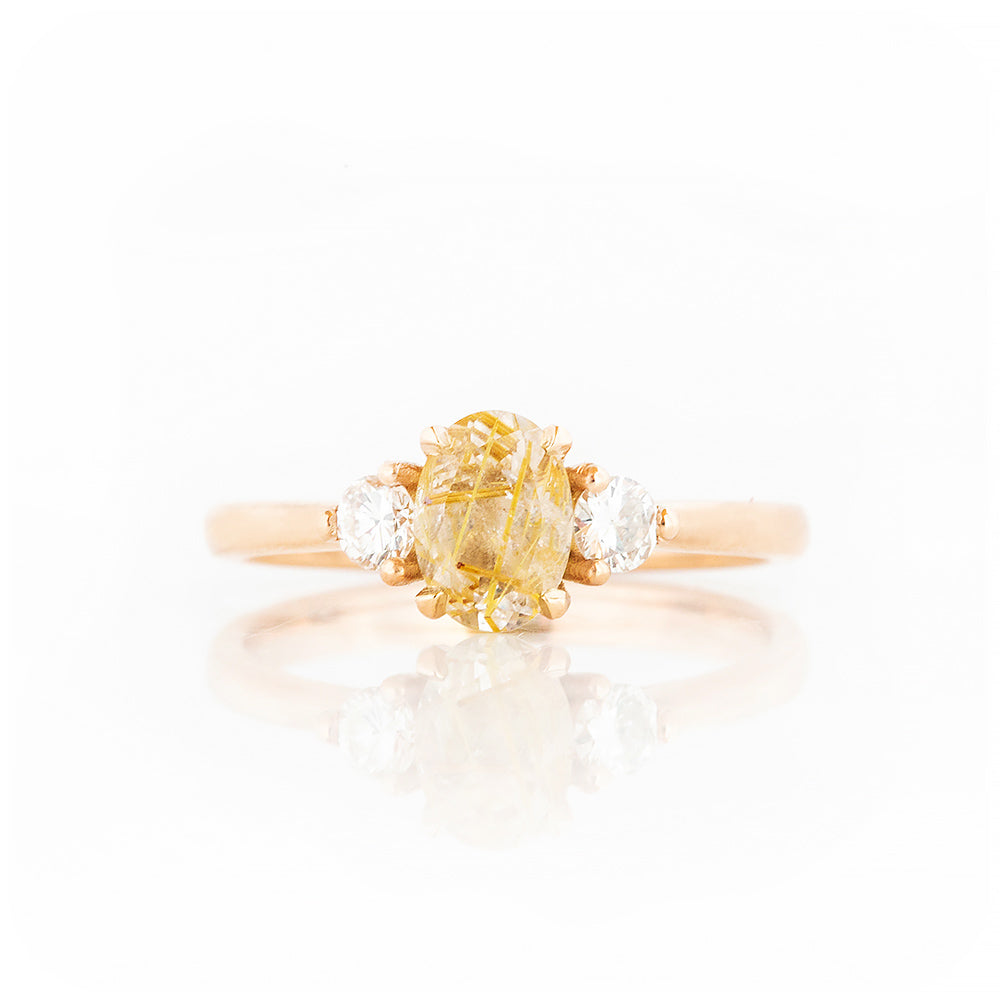 Oval cut Rutile Quartz and Diamond Trilogy Ring in Rose Gold - Victoria's Jewellery