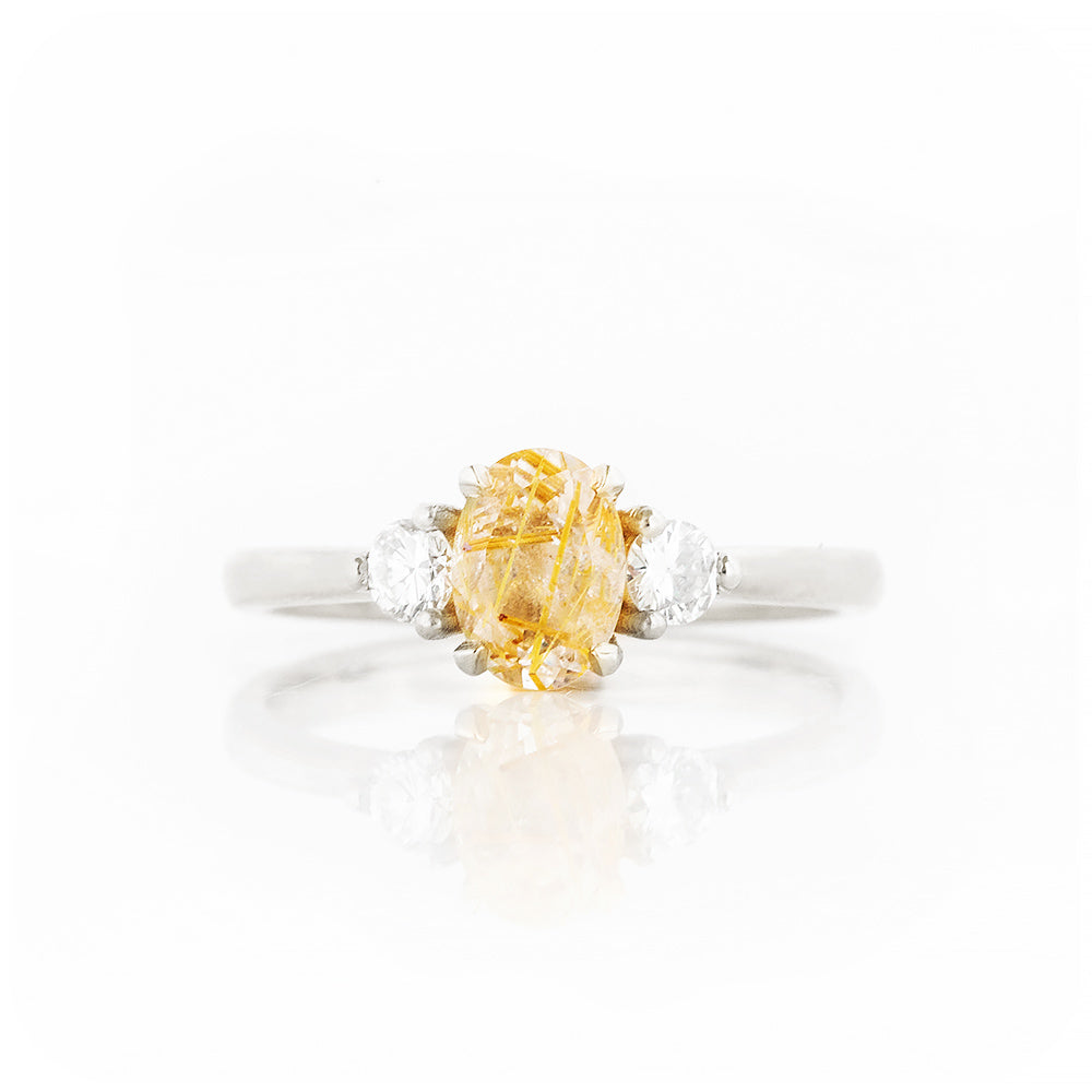 Oval cut Rutile Quartz and Diamond Trilogy Ring in White Gold - Victoria's Jewellery