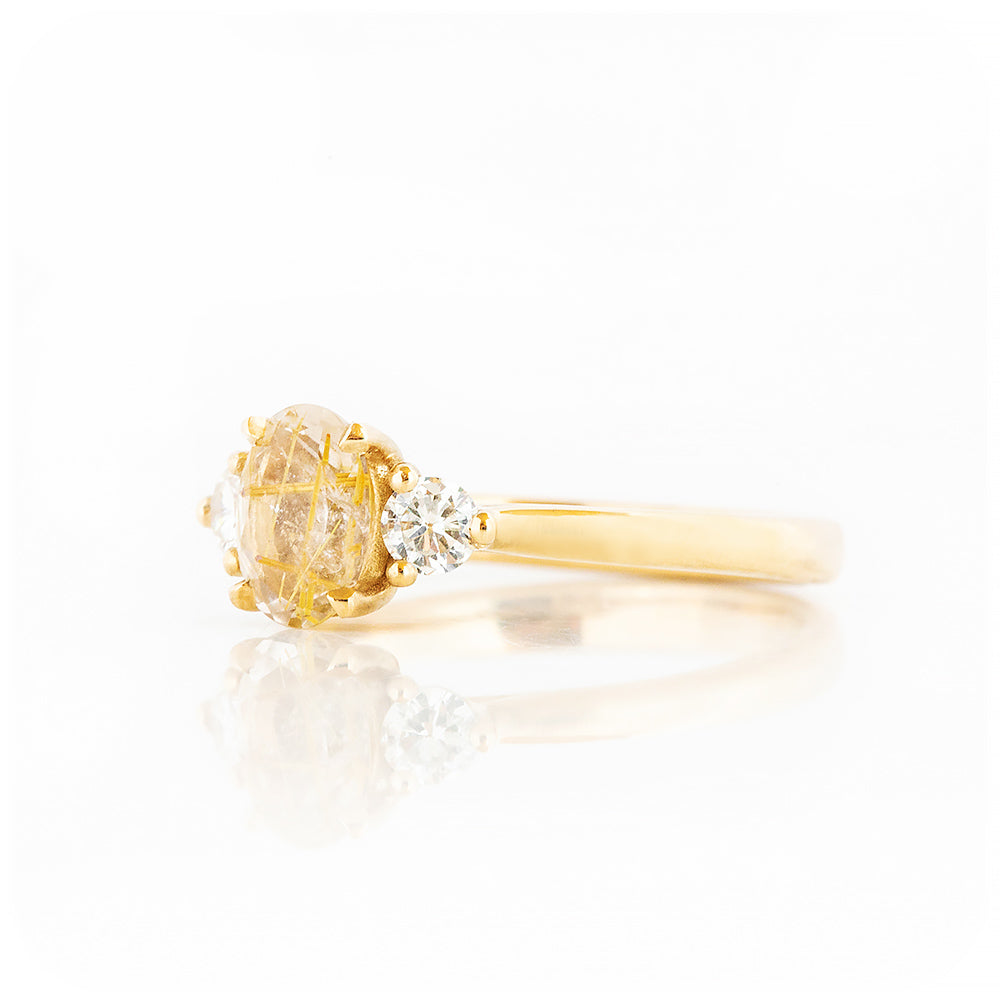 Oval cut Rutile Quartz and Diamond Trilogy Ring in Yellow Gold - Victoria's Jewellery