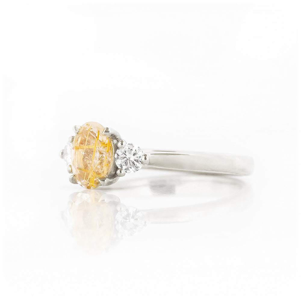 Oval cut Rutile Quartz and Diamond Trilogy Ring in White Gold - Victoria's Jewellery