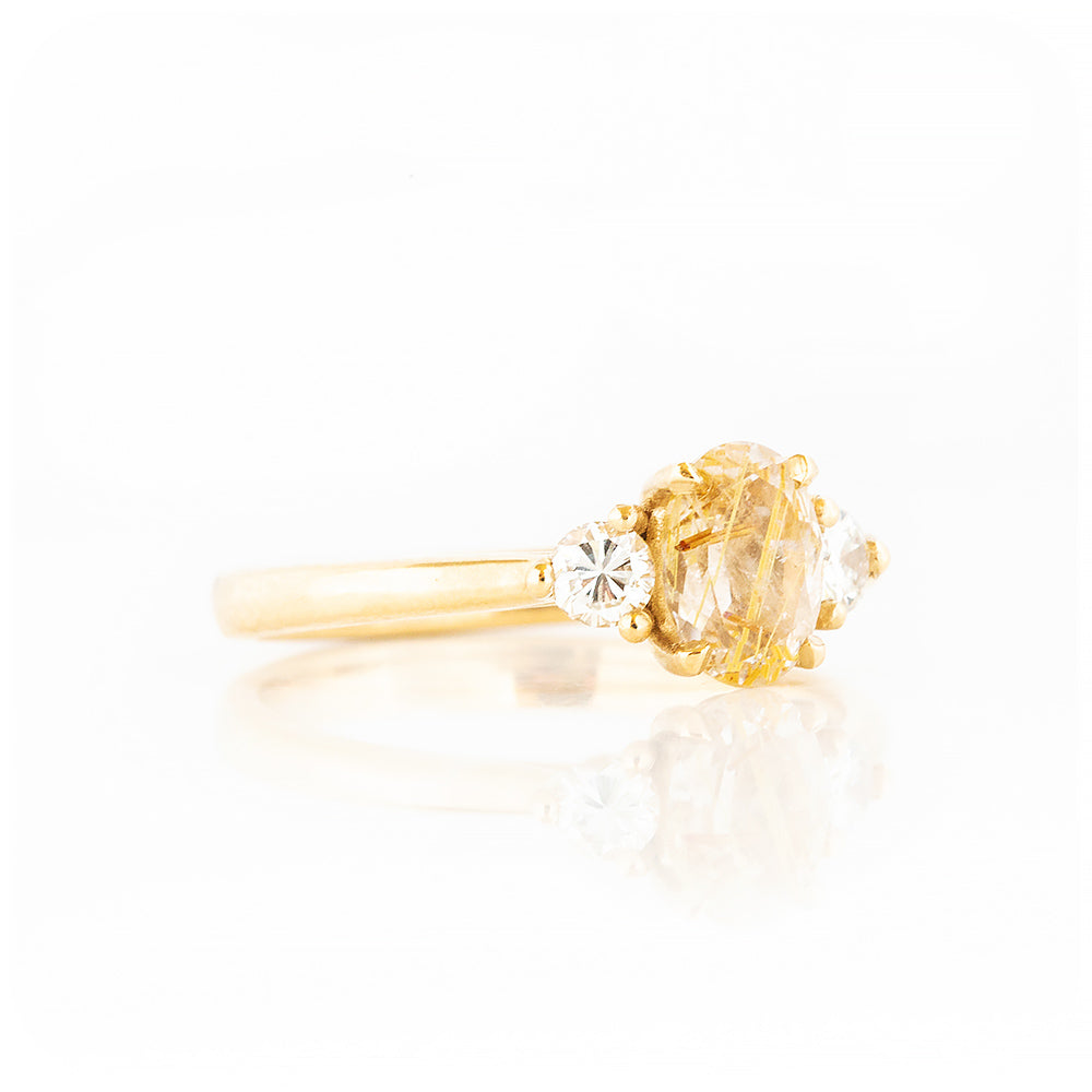 Oval cut Rutile Quartz and Diamond Trilogy Ring in Yellow Gold - Victoria's Jewellery