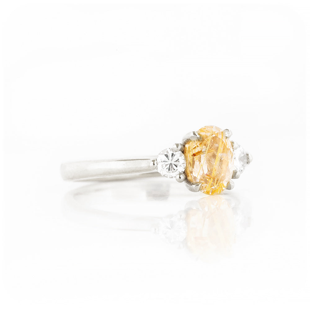 Oval cut Rutile Quartz and Diamond Trilogy Ring in White Gold - Victoria's Jewellery
