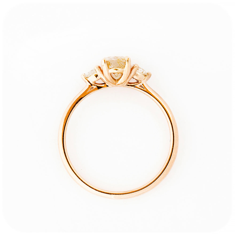 Oval cut Rutile Quartz and Diamond Trilogy Ring in Rose Gold - Victoria's Jewellery