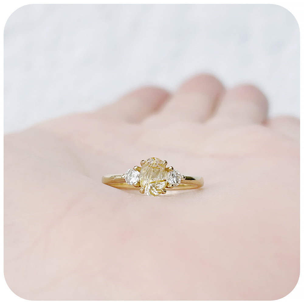 Oval cut Rutile Quartz and Diamond Trilogy Ring in Yellow Gold - Victoria's Jewellery