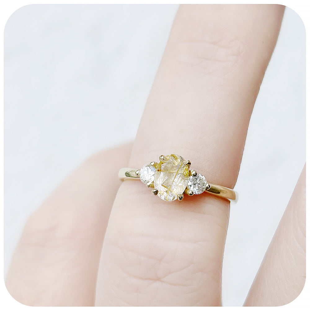 Oval cut Rutile Quartz and Diamond Trilogy Ring in Yellow Gold - Victoria's Jewellery