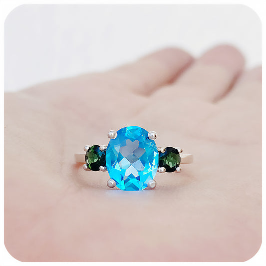 Oval cut Swiss Blue Topaz and Green Tourmaline Anniversary Ring - Victoria's Jewellery