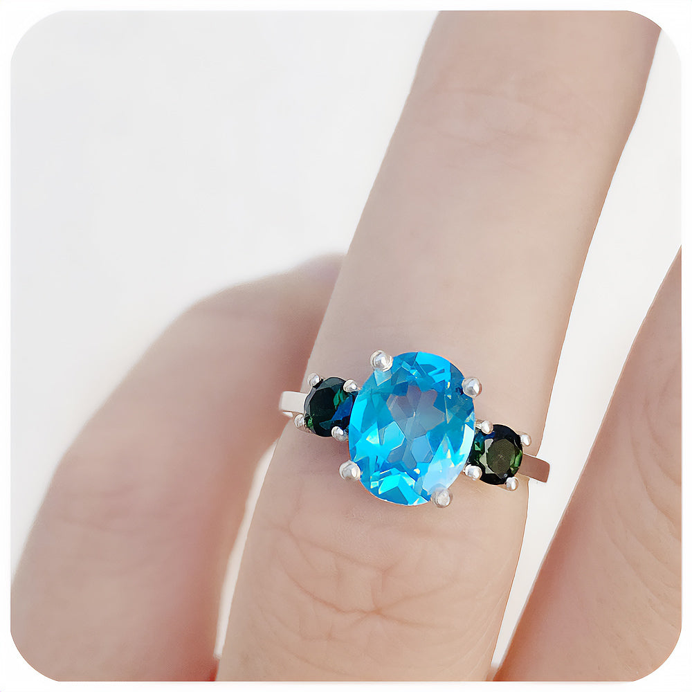 Oval cut Swiss Blue Topaz and Green Tourmaline Anniversary Ring - Victoria's Jewellery
