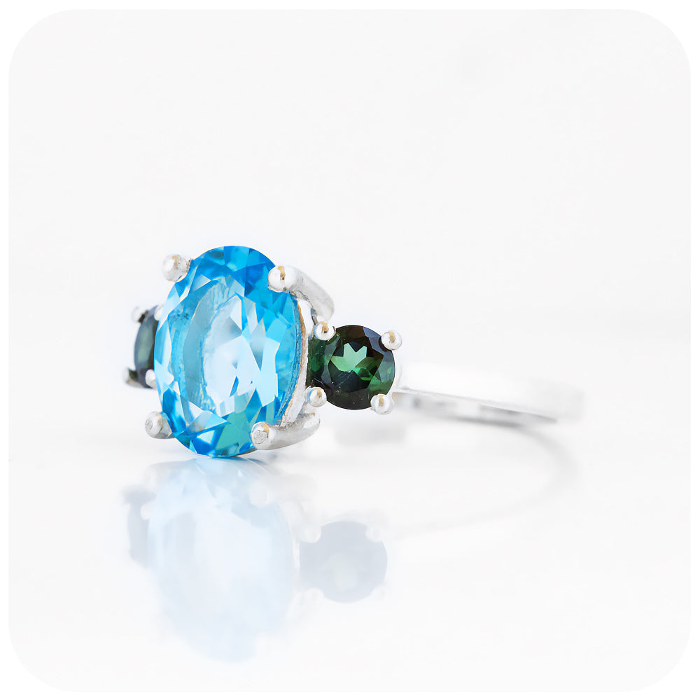 Oval cut Swiss Blue Topaz and Green Tourmaline Anniversary Ring - Victoria's Jewellery