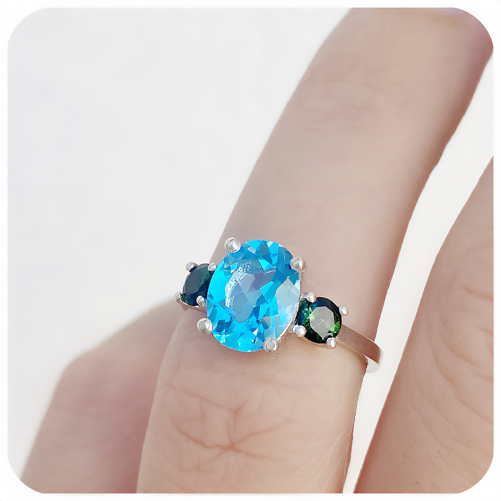 Oval cut Swiss Blue Topaz and Green Tourmaline Anniversary Ring - Victoria's Jewellery
