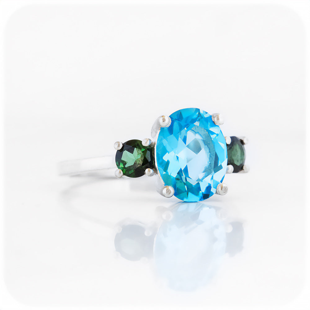 Oval cut Swiss Blue Topaz and Green Tourmaline Anniversary Ring - Victoria's Jewellery