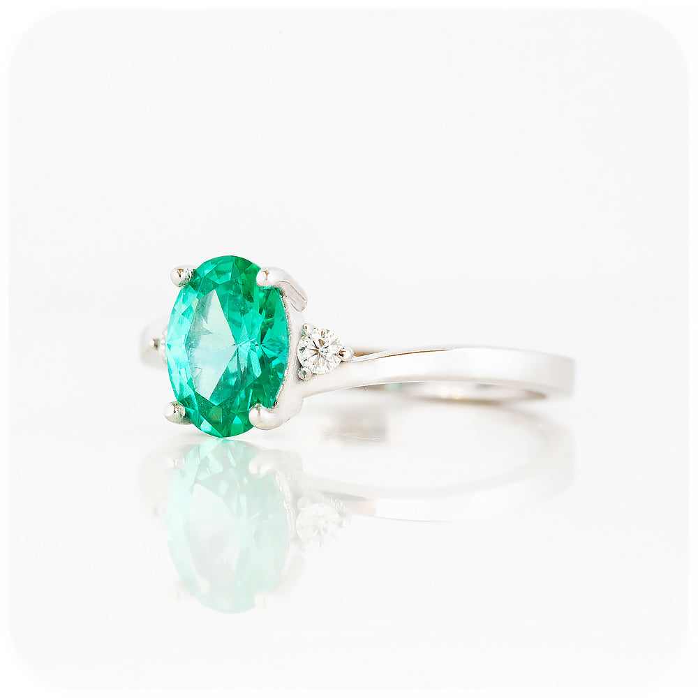 Oval cut Blue-Green Teal Lab Grown Sapphire and Moissanite Engagement Ring - Victoria's Jewellery