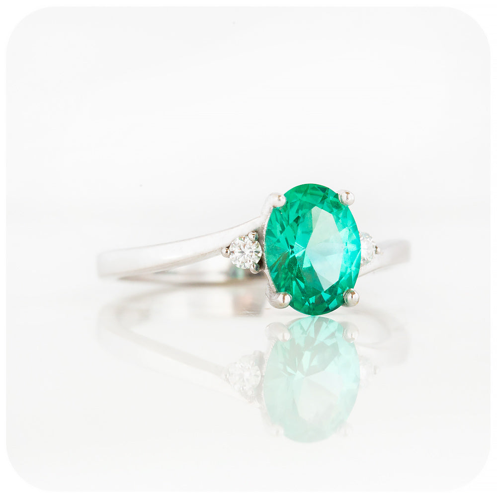 Oval cut Blue-Green Teal Lab Grown Sapphire and Moissanite Engagement Ring - Victoria's Jewellery