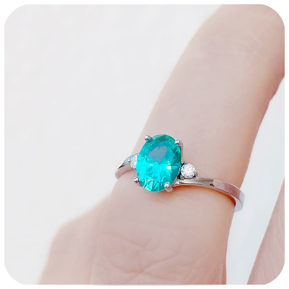 Oval cut Blue-Green Teal Lab Grown Sapphire and Moissanite Engagement Ring - Victoria's Jewellery