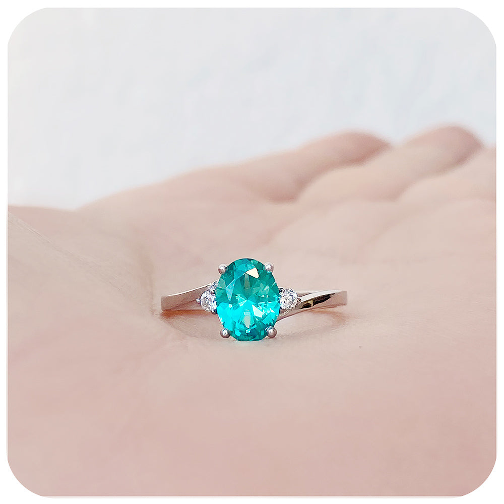Oval cut Blue-Green Teal Lab Grown Sapphire and Moissanite Engagement Ring - Victoria's Jewellery