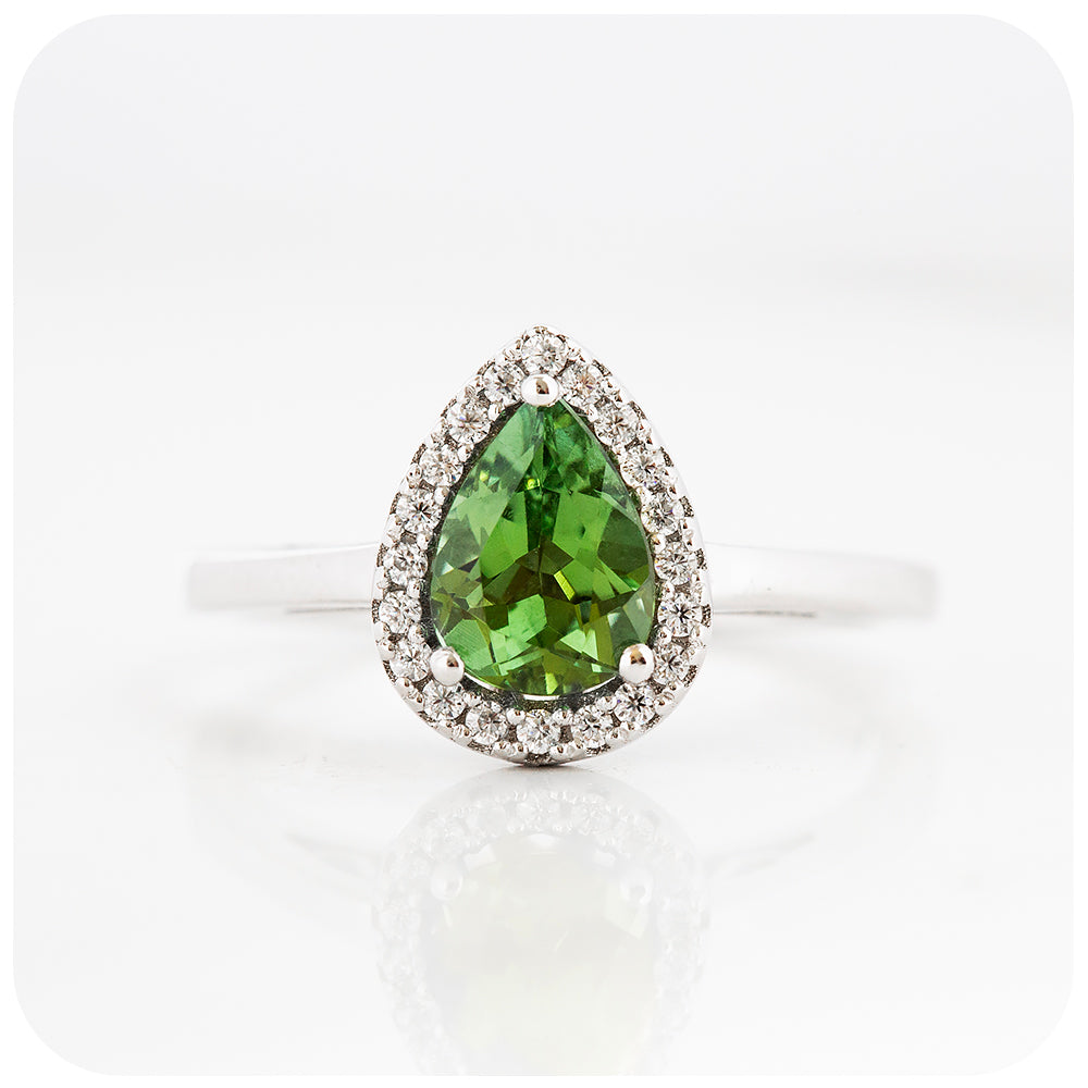 Pear cut Green Tourmaline and Moissanite Halo Engagement Wedding Ring - Victoria's Jewellery