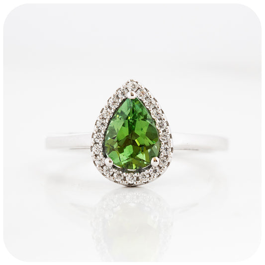 Pear cut Green Tourmaline and Moissanite Halo Engagement Wedding Ring - Victoria's Jewellery