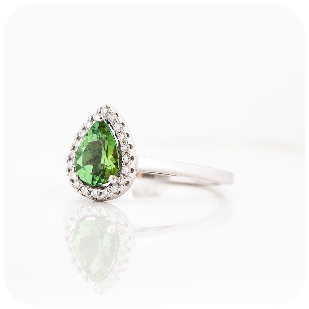Pear cut Green Tourmaline and Moissanite Halo Engagement Wedding Ring - Victoria's Jewellery